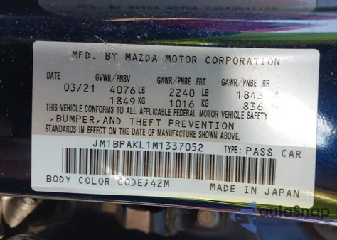 2021 Mazda Mazda3 Select z USA, uszkodzony, nr VIN JM1BPAKL1M1337052